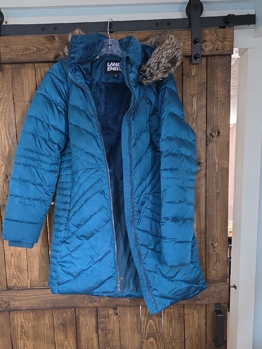 Lands' End Teal Quilted Hooded‎ Puffer with Faux Fur Trim